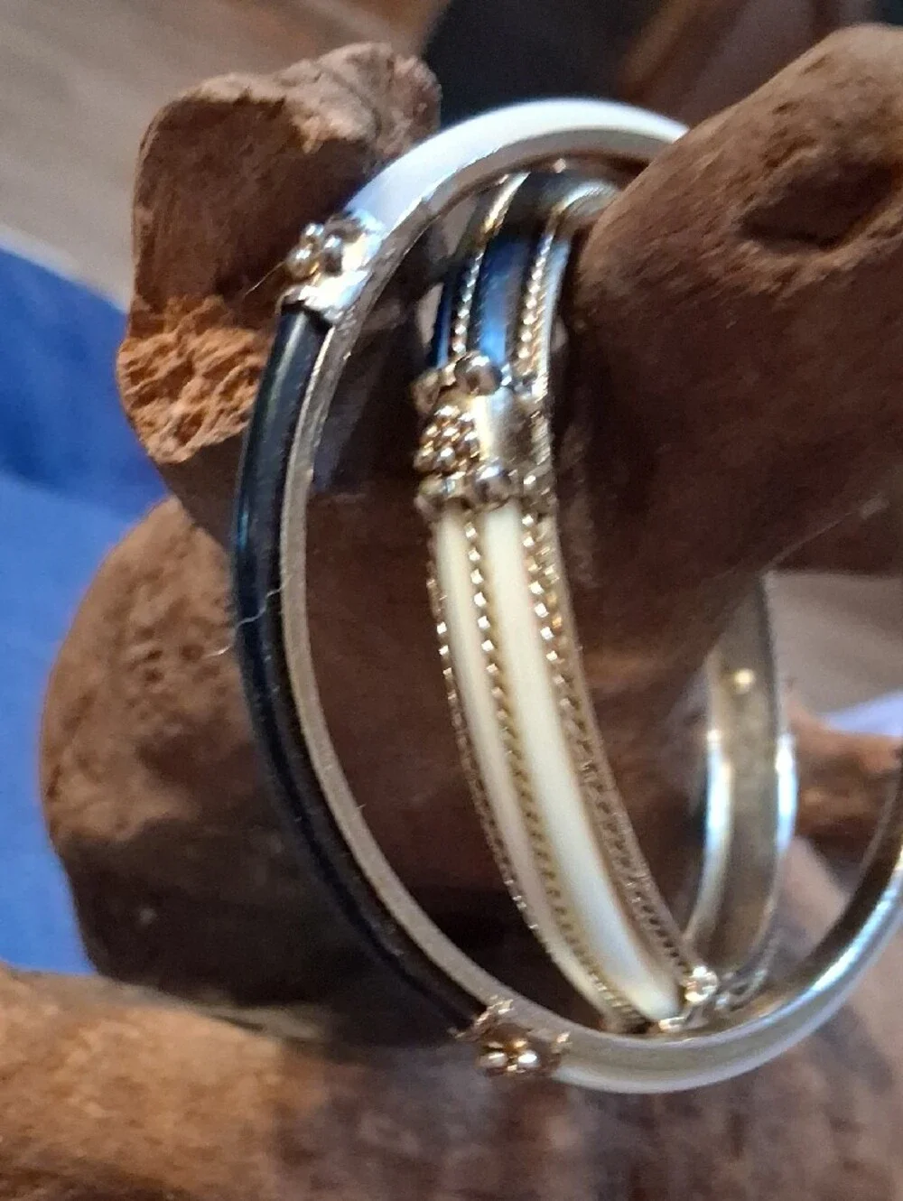 1960's Vintage Elegant White and Gold Two-Tone Bangle Bracelet